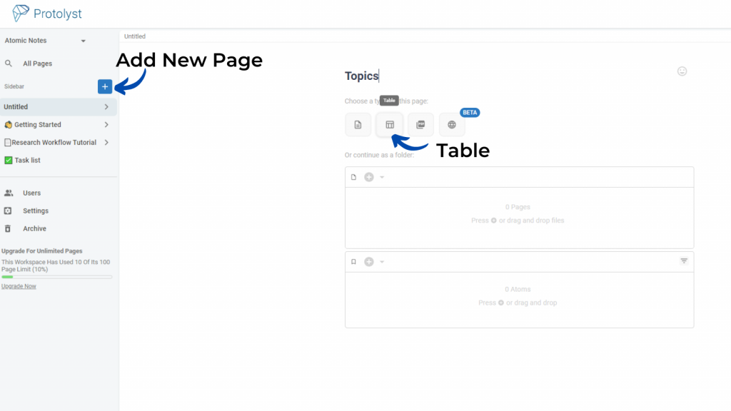 Adding New Pages on Protolyst. Arrows indicate the 'Add New Page' button on the top left and the Table option in the available Page Type options