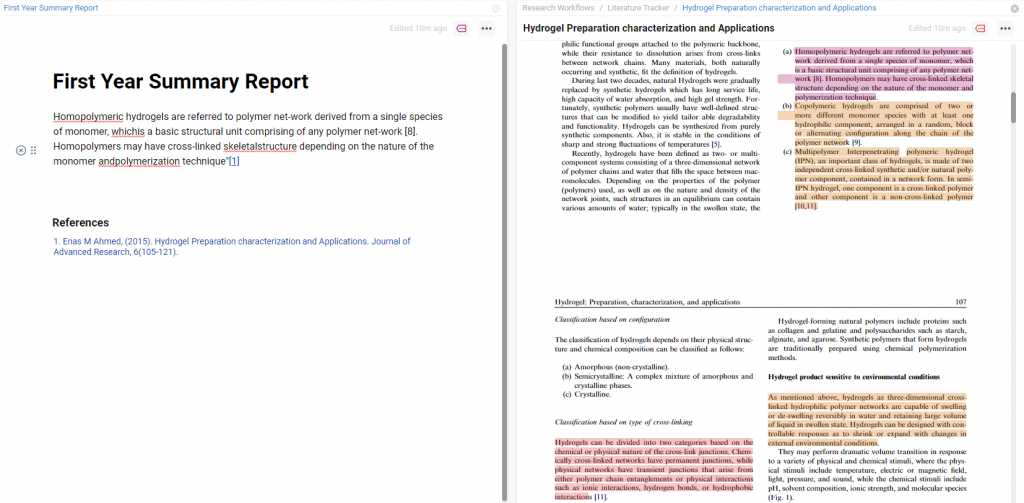 Protolyst workspace in Splitscreen.  On the left is a Page where an Atom has been cited and on the right is the source of that Atom.